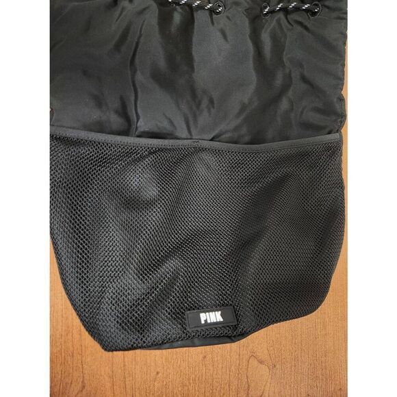 PINK Drawstring Black Bucket Backpack with Mesh String and 2 exterior pockets. E - Picture 2 of 6